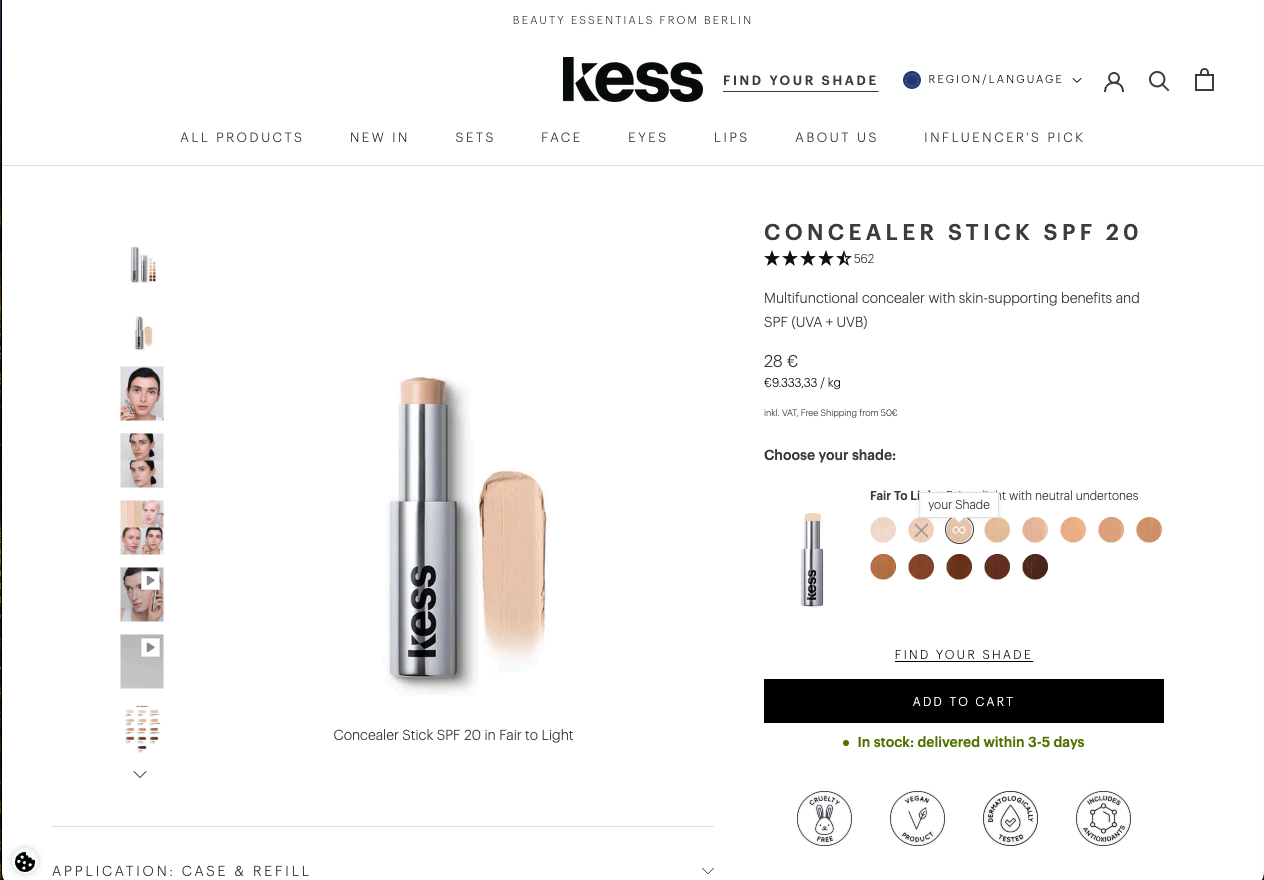 KESS Concealer Stick SPF 20 product detail page with 13-shade selector and Find Your Shade CTA