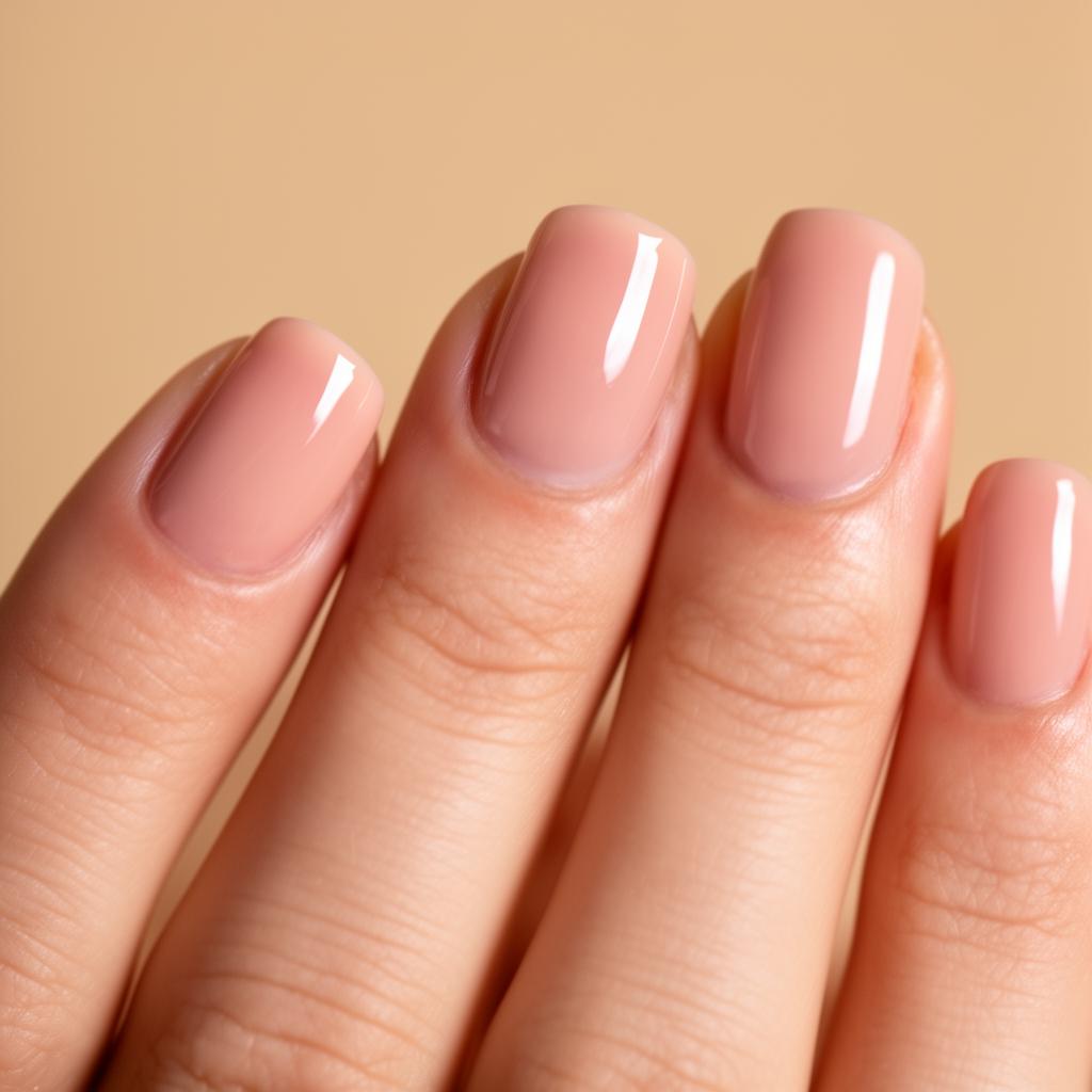 Manicured hand with glossy nude nail polish